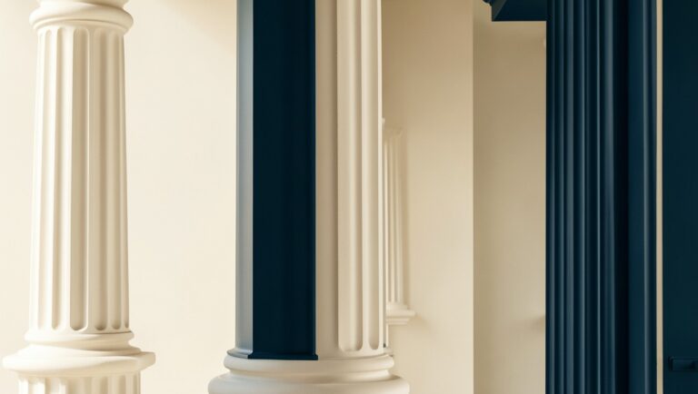 Architectural columns evoking law and structure.