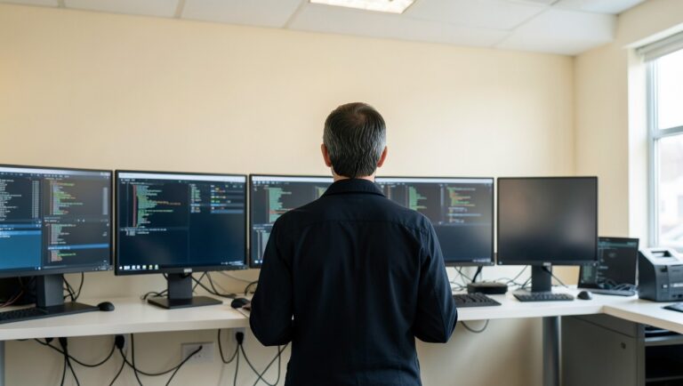 A person at a wall of monitors in a modern security operations center, viewed from behind.