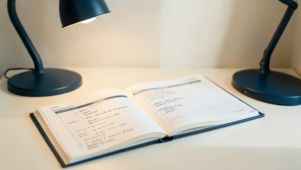 An incident-response runbook open on a desk with annotations and a desk lamp casting soft light.