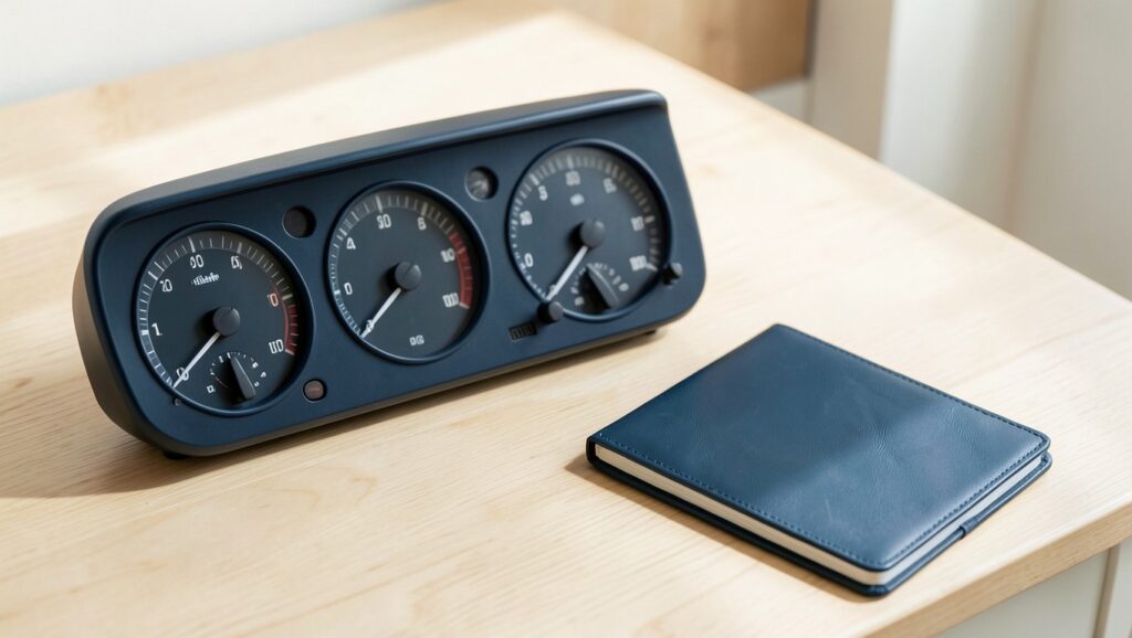 Analog dashboards and meters on a wooden desk, with a leather notebook beside them.