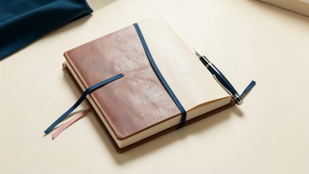 A leather-bound logbook open on a desk with a ribbon bookmark and a fountain pen.