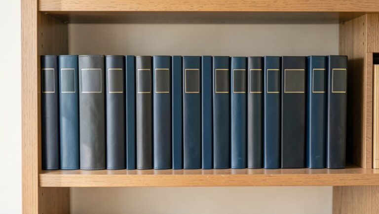 A row of leather-bound ledger volumes on a wooden archive shelf.