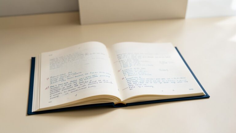 An open scholarly book on a desk with annotations and visible footnote markers.