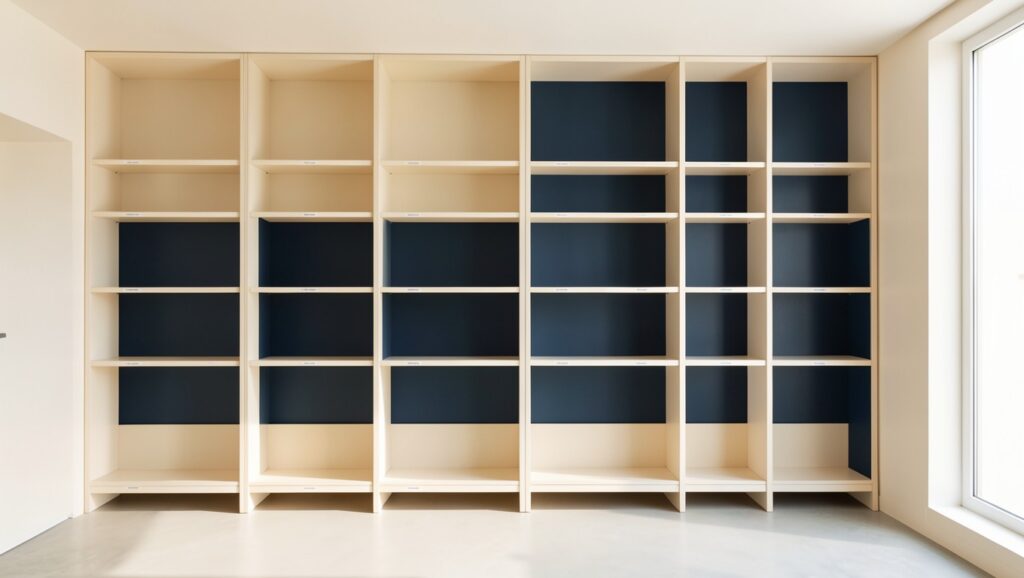 Clean architectural archive shelving with labeled compartments.