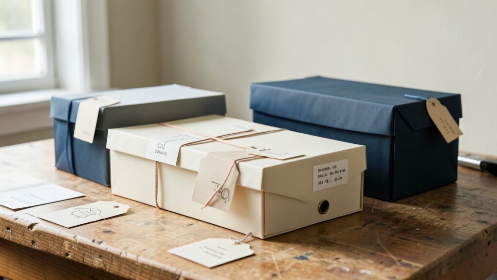 Labeled archive boxes with tracing tags and ribbons on a workbench.