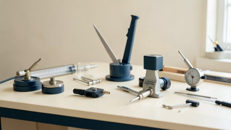 Precision measurement instruments arranged on a workbench.