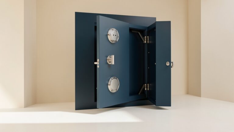 A heavy vault or safe door, partially open, in a clean architectural space.