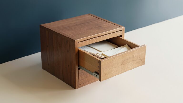A precise wooden filing cabinet with one drawer pulled open, chunks of paper neatly arranged.