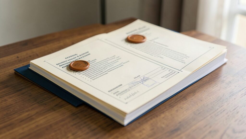 Stacked official regulatory documents with wax seals on a wooden desk.