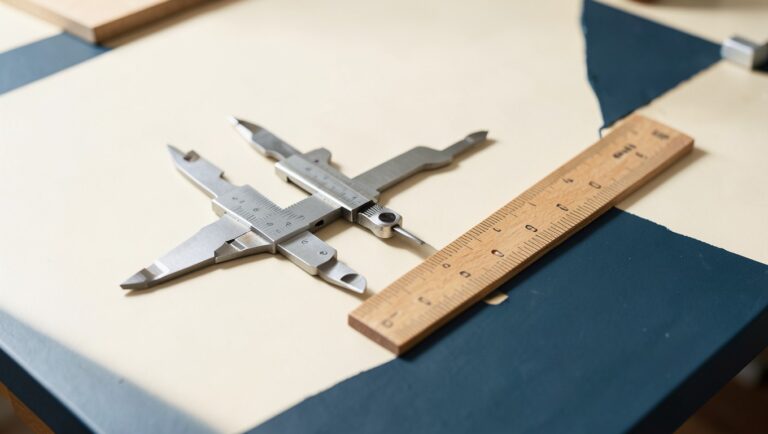 Precision brass calipers and a wooden ruler arranged on a workbench.