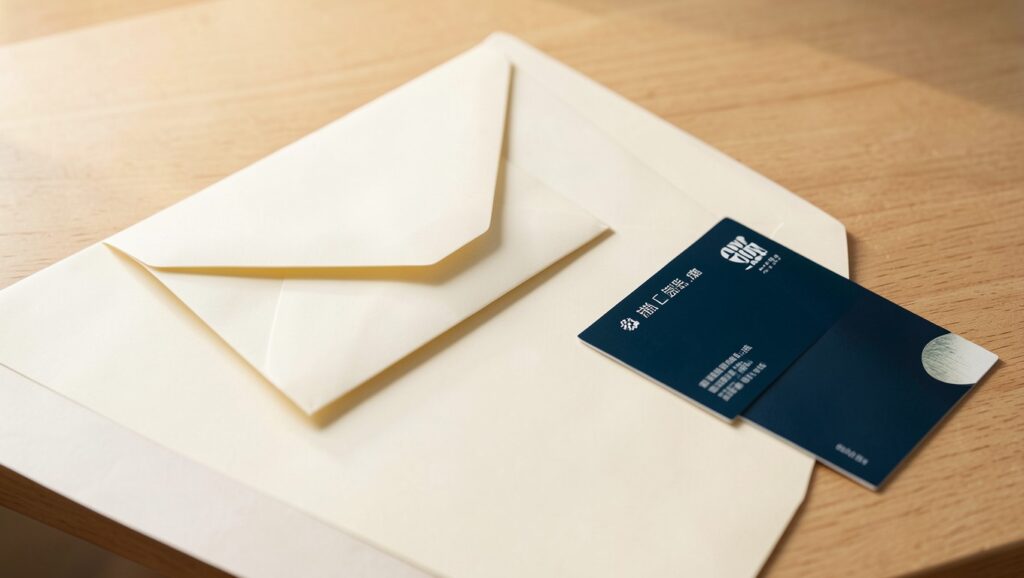 A sealed envelope and an identity card placed on a wooden desk.