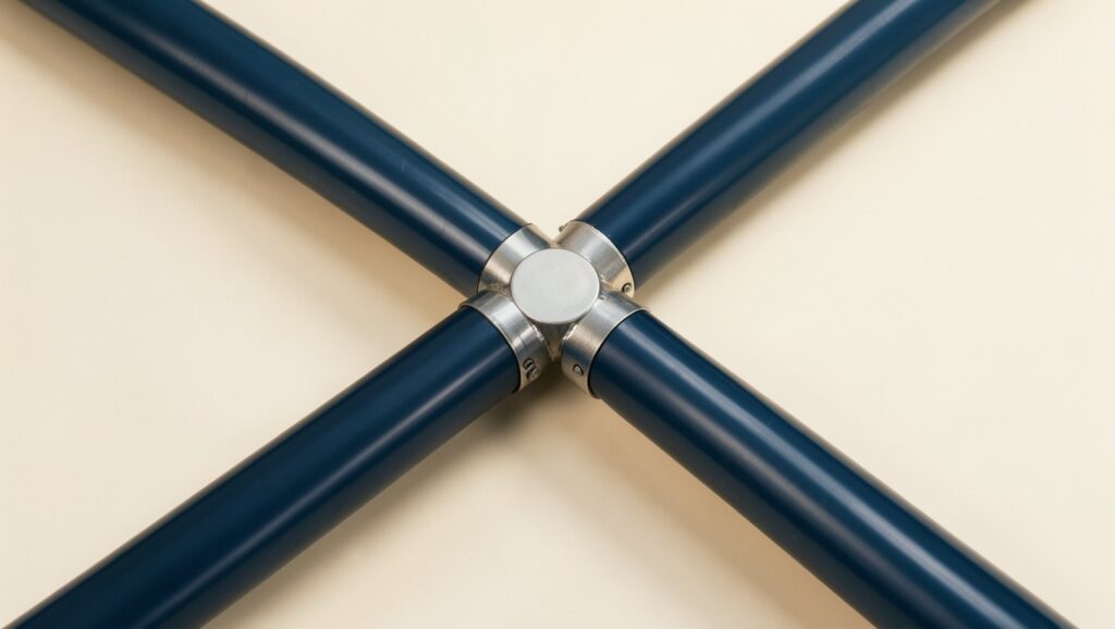 Industrial conduit infrastructure with smooth metal pipes converging toward a central hub.