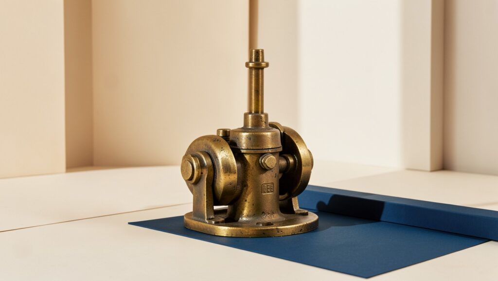 A brass canal lock mechanism in a clean architectural setting.