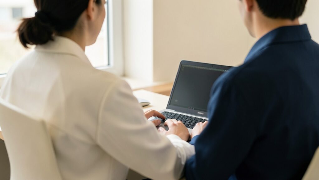 A person at a control station reviewing an open laptop, hands on keyboard, in a clean modern workspace.