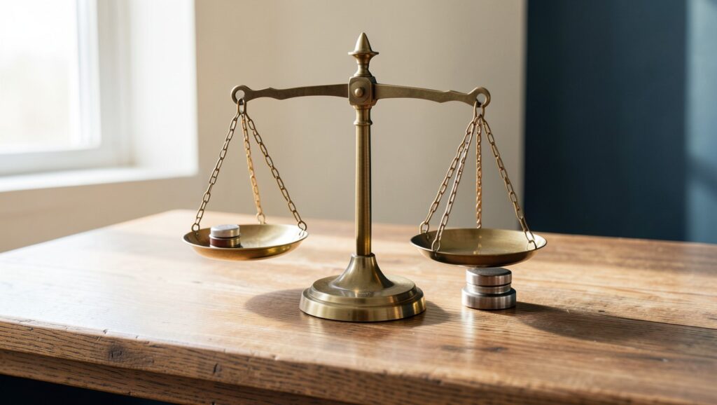 A brass balance scale on a wooden desk with weights arranged neatly.