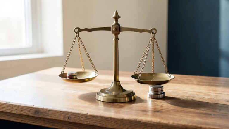 A brass balance scale on a wooden desk with weights arranged neatly.