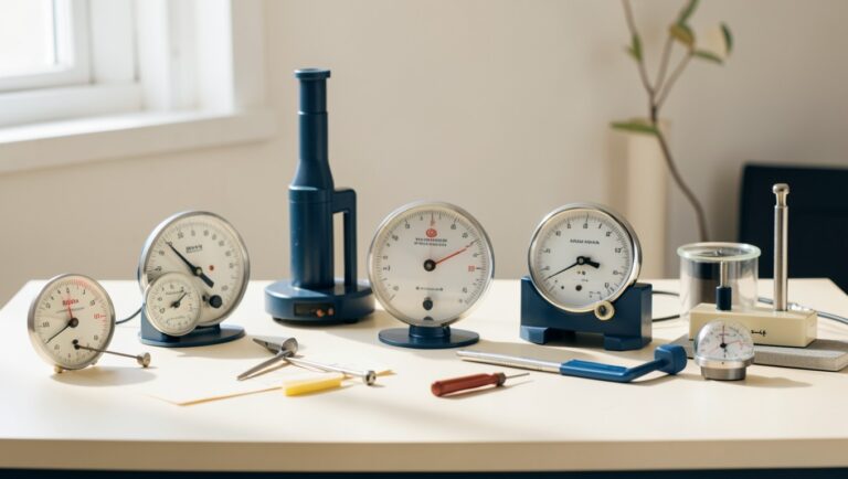 An arrangement of precision measurement instruments on a workbench.