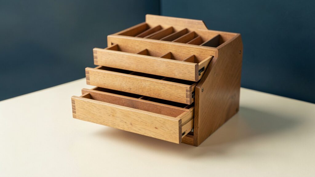 A central wooden card catalog with drawers partially open, evoking a library index.