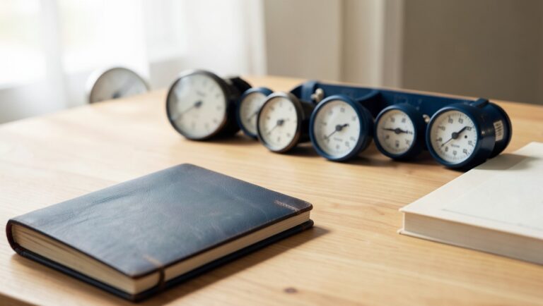 A leather-bound logbook open beside a row of analog gauges on a wooden desk.
