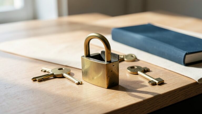 Brass padlocks and keys arranged on a wooden desk, one lock open.