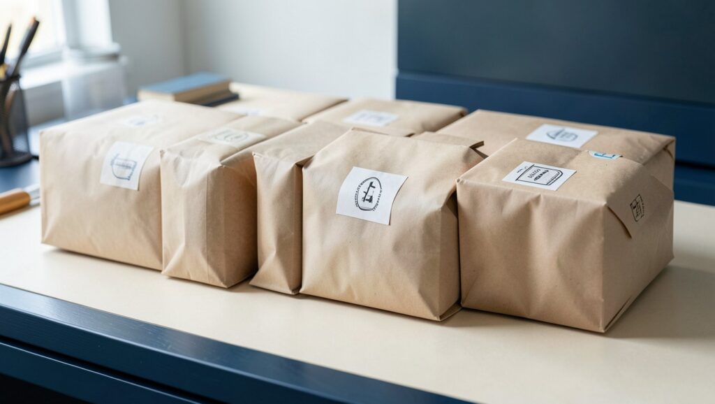 A row of sealed cardboard packages with tamper-evident seals on a workbench.