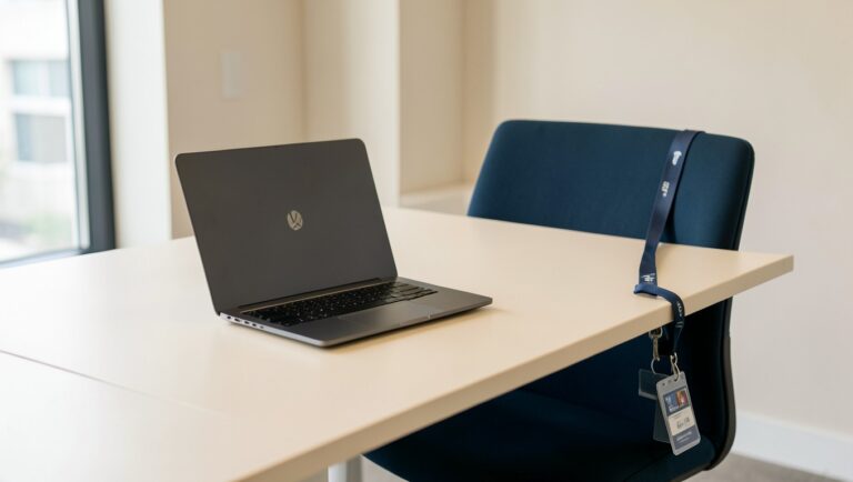 An unbadged laptop open on a clean desk in a modern office, with an ID badge lanyard hanging unused on a chair.