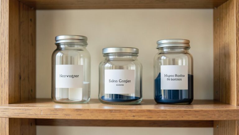 Labeled glass specimen jars arranged on a wooden museum shelf.