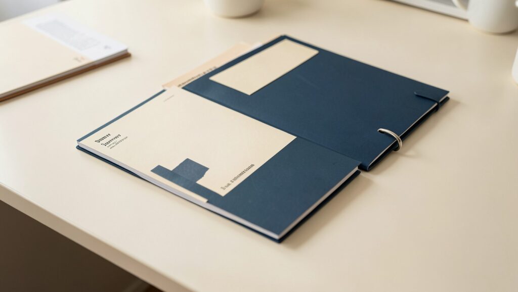A chain of stamped supplier folders arranged on a desk, evoking vendor due diligence.
