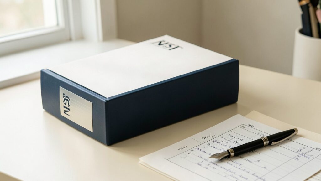 A NIST standard document binder on a desk with a fountain pen and notes.