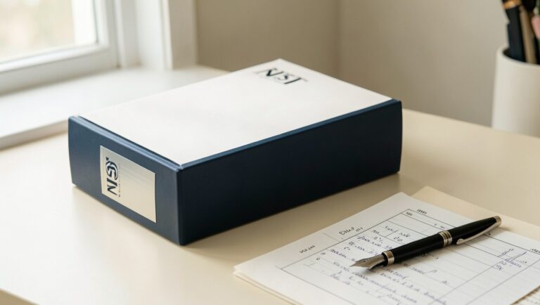 A NIST standard document binder on a desk with a fountain pen and notes.