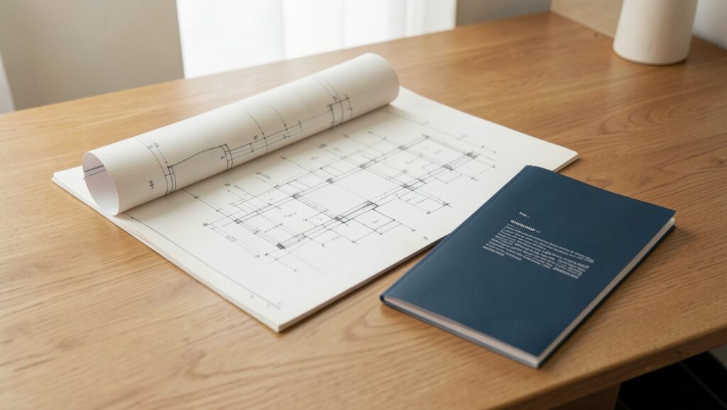 An open architectural blueprint on a wooden desk with a sleek modern document beside it.