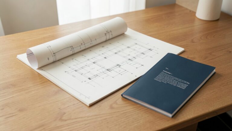 An open architectural blueprint on a wooden desk with a sleek modern document beside it.